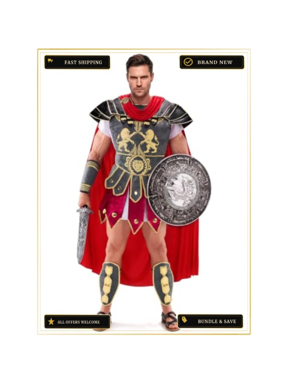 Men's Roman Gladiator Costume Set Medieval Toga Halloween Dress Up